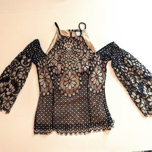 Black & Tan Floral Lace Blouse with Bell Sleeves & Open Shoulders